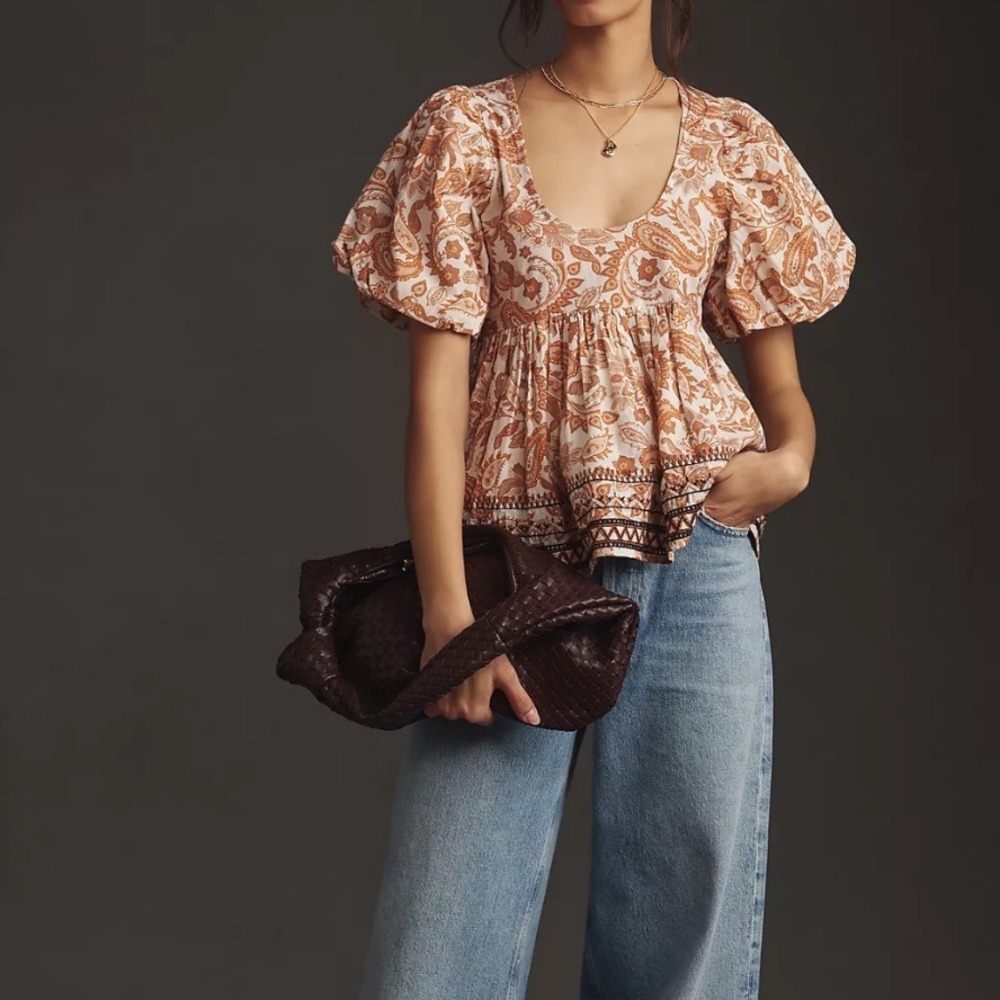 Anthropologie NEW Anthropologie Puff-Sleeve Babydoll Blouse Embroidered Size XS
